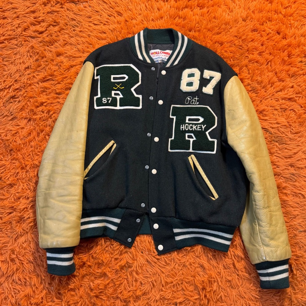 Vintage Holloway Varsity Jacket Richwoods Knights Hockey Leather Wool Green L